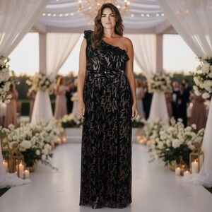 Adrianna Papell Metallic Leaf One Shoulder Gown | Black Bronze Evening Dress 16